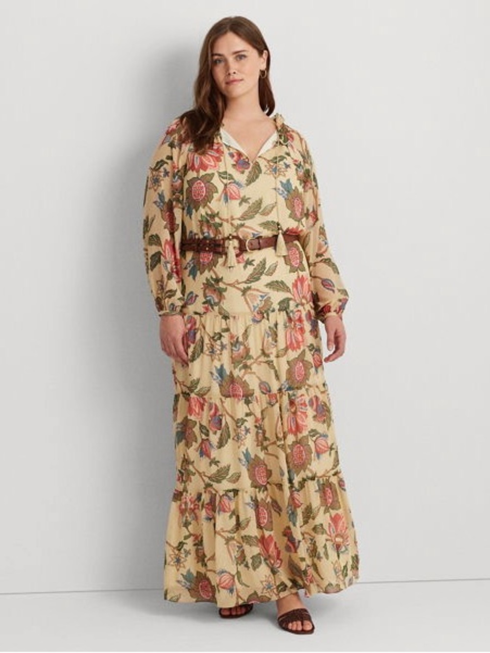 Lauren Ralph Lauren Floral Crinkle Georgette Tiered Dress Plus 20W Wedding Chic